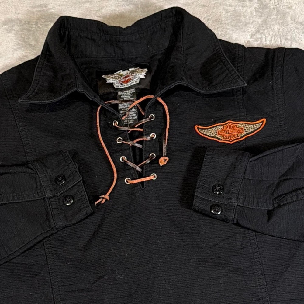 90s Vintage Harley-Davidson Lace-Up Long Sleeve Top | Black | Large